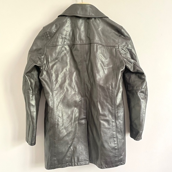 Vintage 90s Y2K Roots Black 100% Leather Straight Cut Mid Length Car Coat - 6/S - Picture 11 of 14